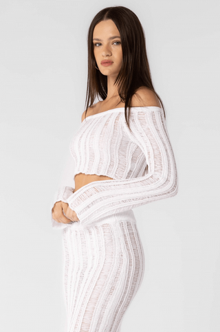 Side view distressed white crochet midi dress set - mykonos