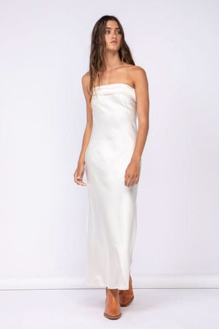 Irene Creamy White Satin Strapless Maxi Dress - Outfit View