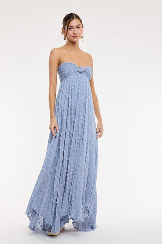 Blue clip dot strapless maxi dress with flowy skirt