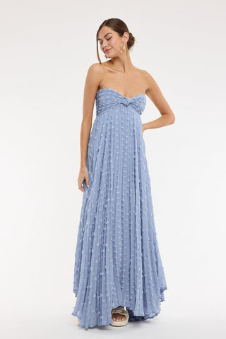 Blue strapless maxi dress for summer parties and vacations