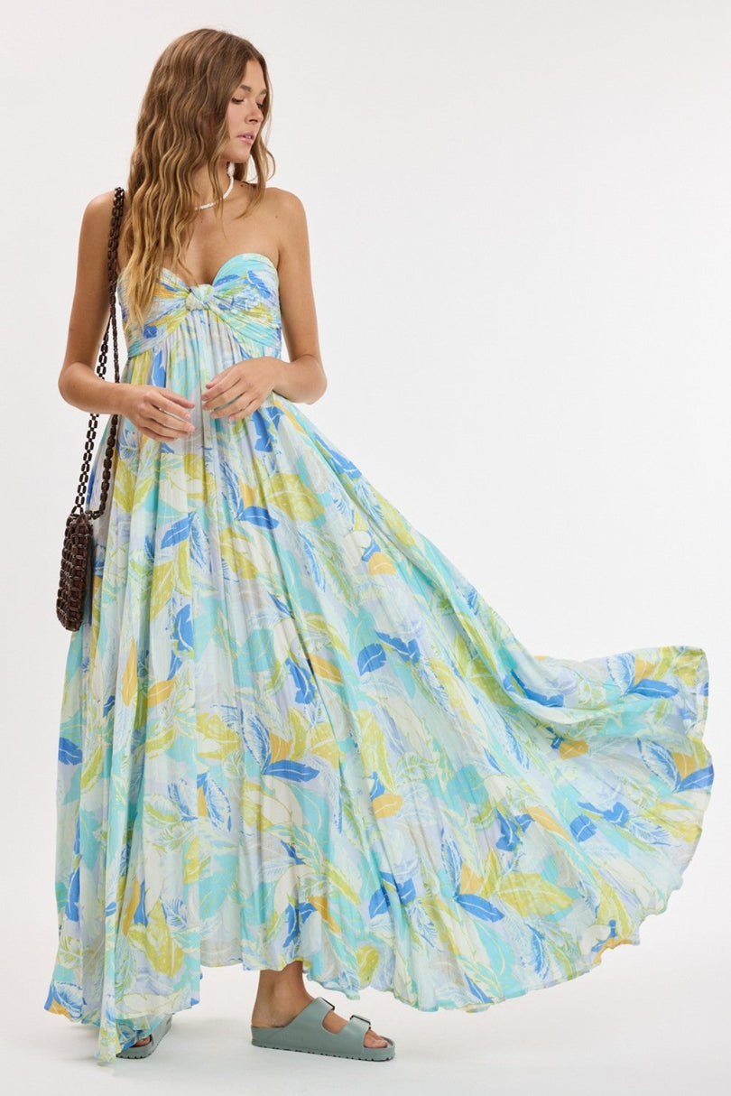 Willow blue multi tropical strapless maxi dress front view
