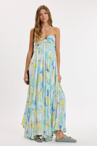 Willow blue palm leaf strapless maxi dress
