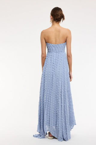 Blue strapless boho maxi dress back view
