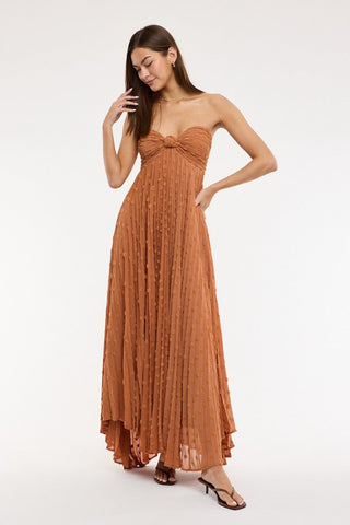 Brown strapless maxi dress for summer weddings and vacations