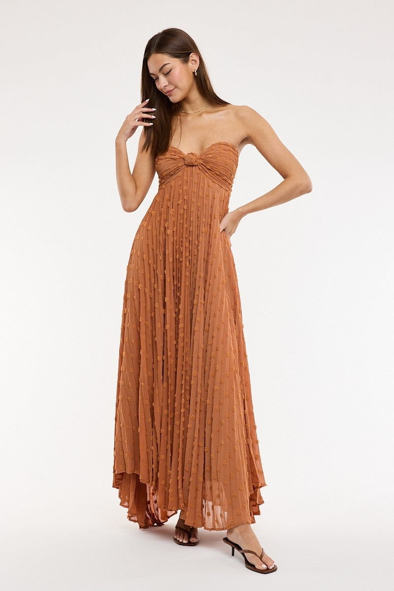 Willow brown strapless clip dot maxi dress