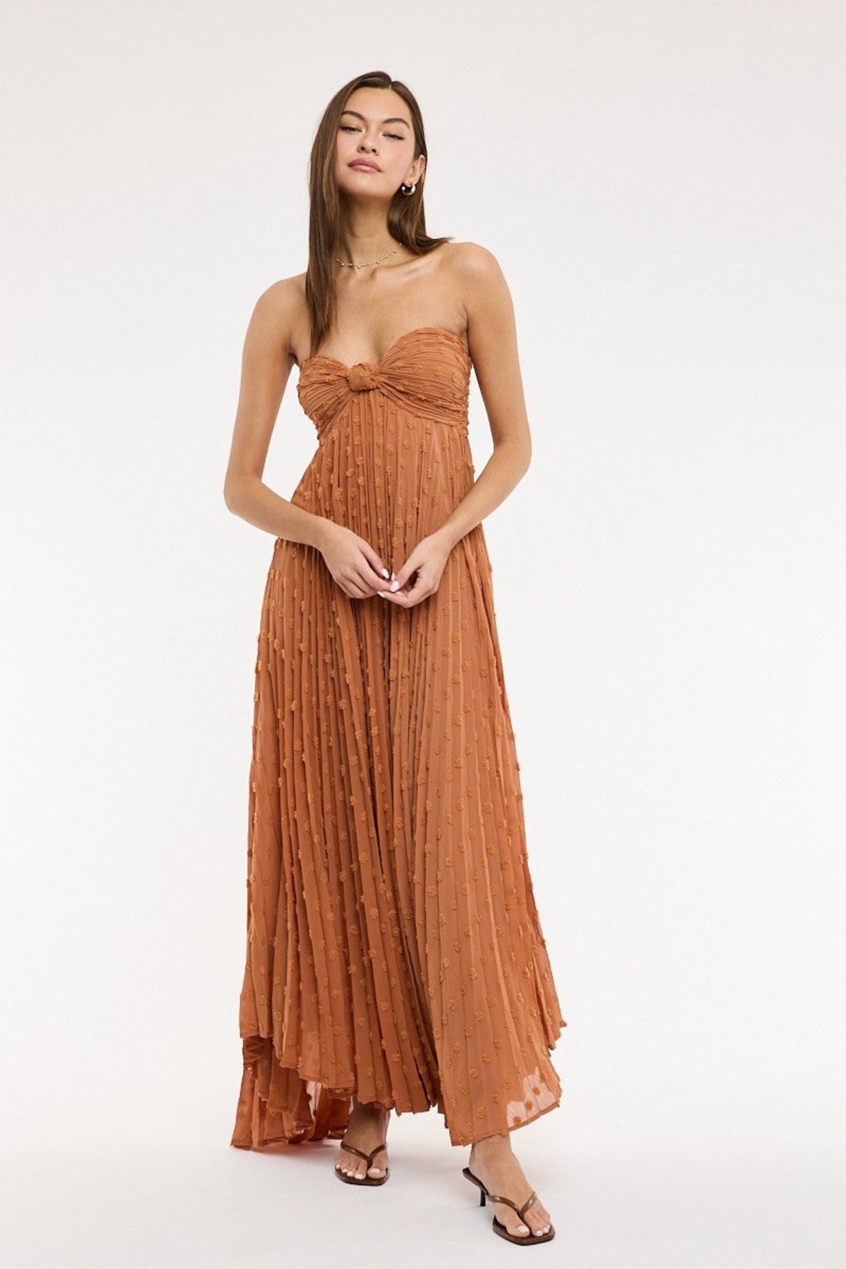 Willow Brown Clip Dot Strapless Maxi Dress | Boho Pink Willow Brown Clip Dot Strapless Maxi Dress | Boho Pink