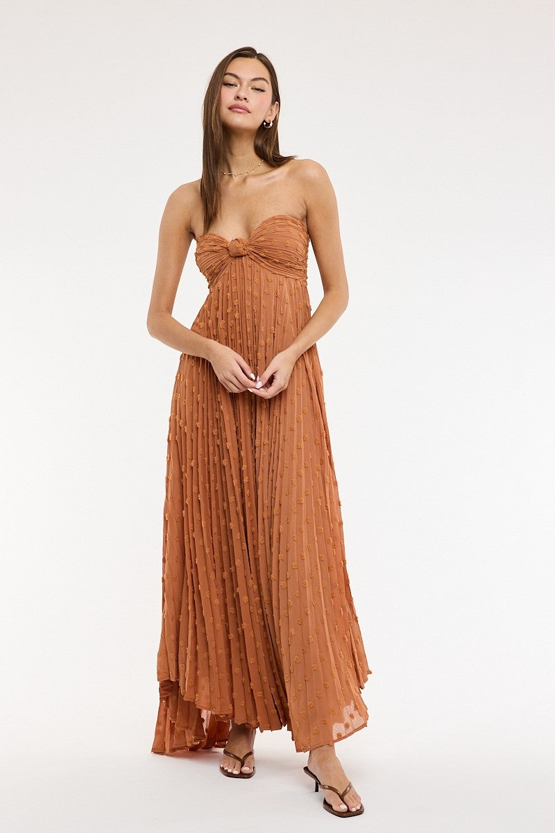 Brown clip dot strapless maxi dress with sweetheart neckline