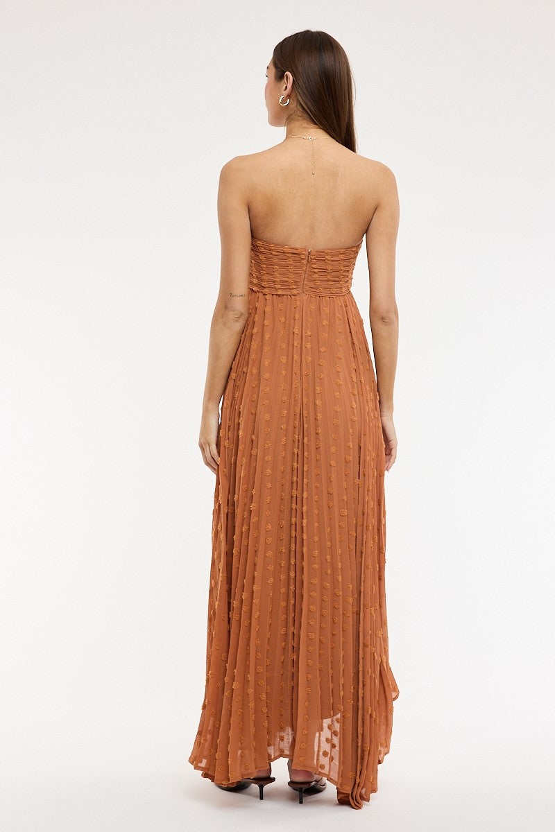 Back view flowy brown strapless maxi dress for summer events