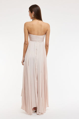 Champagne pleated maxi dress with empire waist silhouette