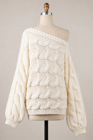 Trendy Oversized Cable Knit Sweater for Women in Cream- Back View