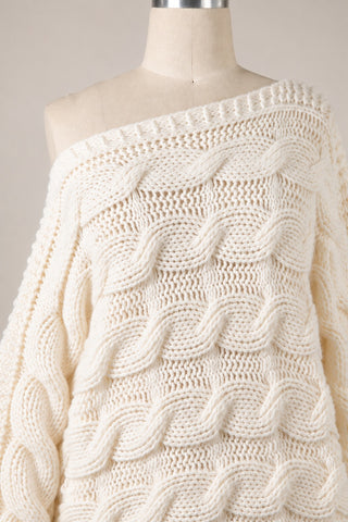 Trendy Oversized Cable Knit Sweater for Women in Cream- Detail View