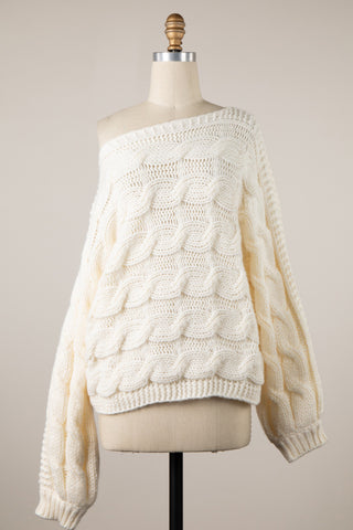 Trendy Oversized Cable Knit Sweater for Women in Cream- Front View