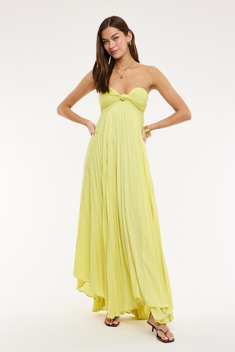 Front view of the Willow Lime Strapless Maxi Dress, a vibrant lemon-lime yellow statement piece for summer weddings