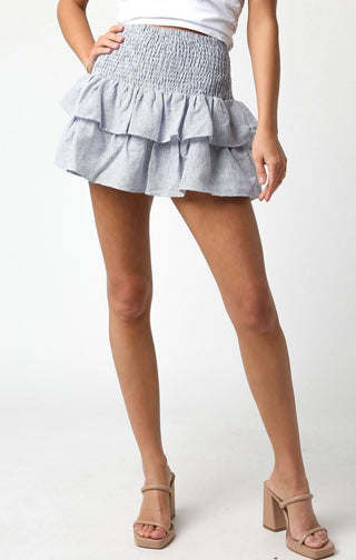 Willow Blue Striped Linen Ruffle Mini Skirt - Front View