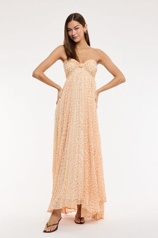 Orange print strapless boho maxi dress with flowy skirt