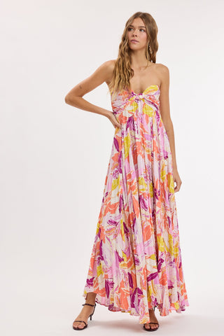 Willow pink palm leaf flowy strapless maxi dress