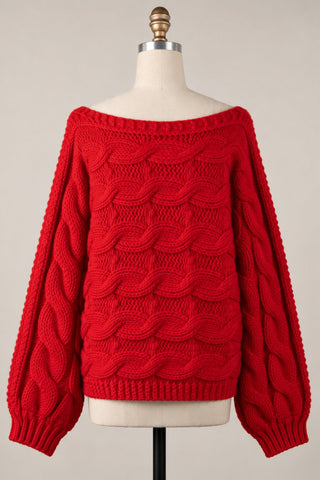Trendy Oversized Cable Knit Sweater for Women in Red - Back View