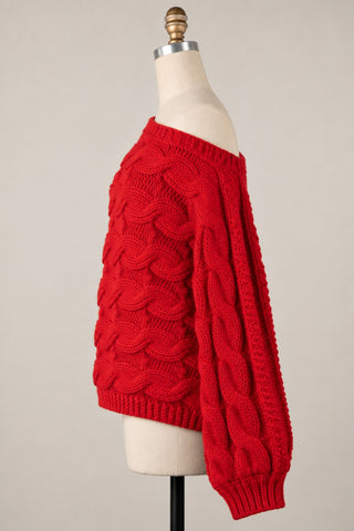 Trendy Oversized Cable Knit Sweater for Women in Red -Side View