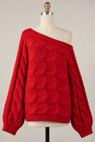 Trendy Oversized Cable Knit Sweater for Women in Red - Slouchy Front View