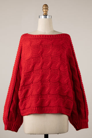 Trendy Oversized Cable Knit Sweater for Women in Red - Front View