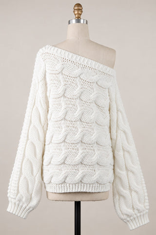 Trendy Oversized Cable Knit Sweater for Women in White - Back View