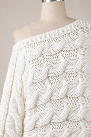 Trendy Oversized Cable Knit Sweater for Women in White - Detail View