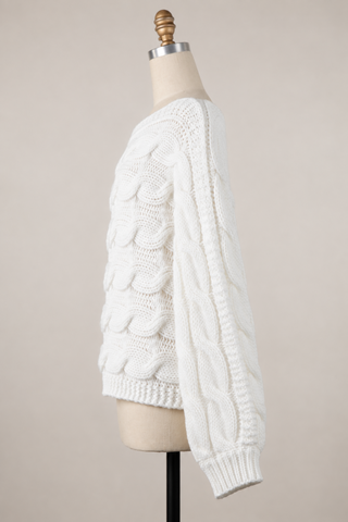 Trendy Oversized Cable Knit Sweater for Women in White - Side View