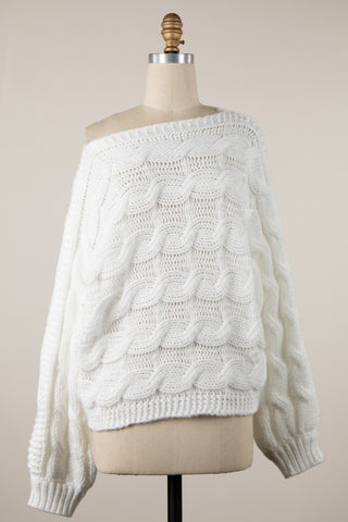 Trendy Oversized Cable Knit Sweater for Women in White - Front View