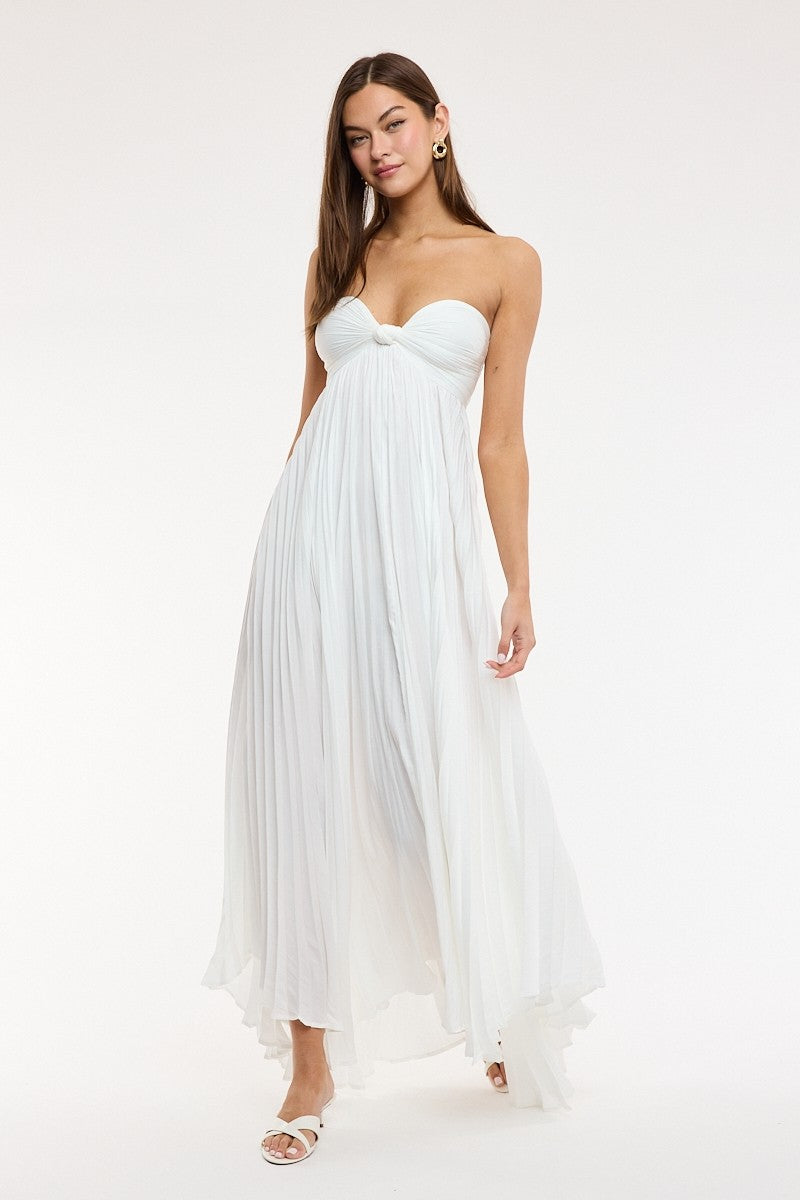 Front view of the Willow White Strapless Maxi Dress, an elegant formal option for bridal showers and graduations