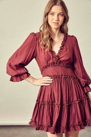 Wine Long Sleeve Ruffle Mini Dress