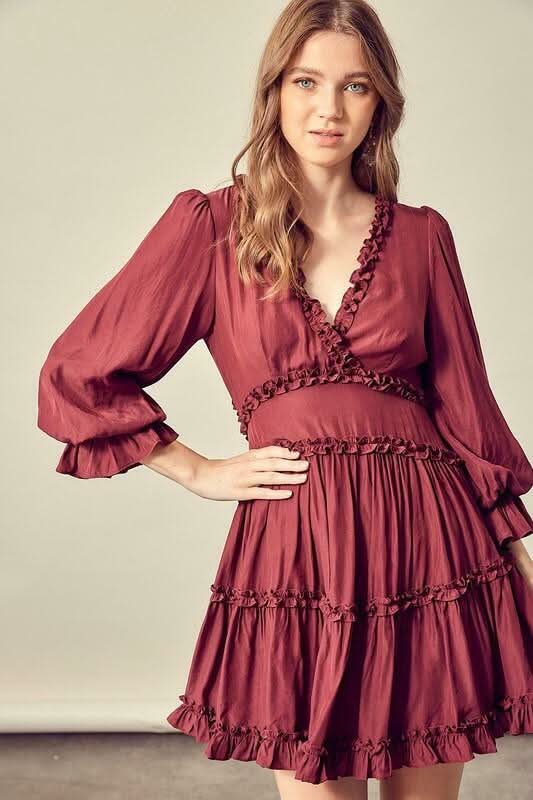 Wine Long Sleeve Ruffle Mini Dress