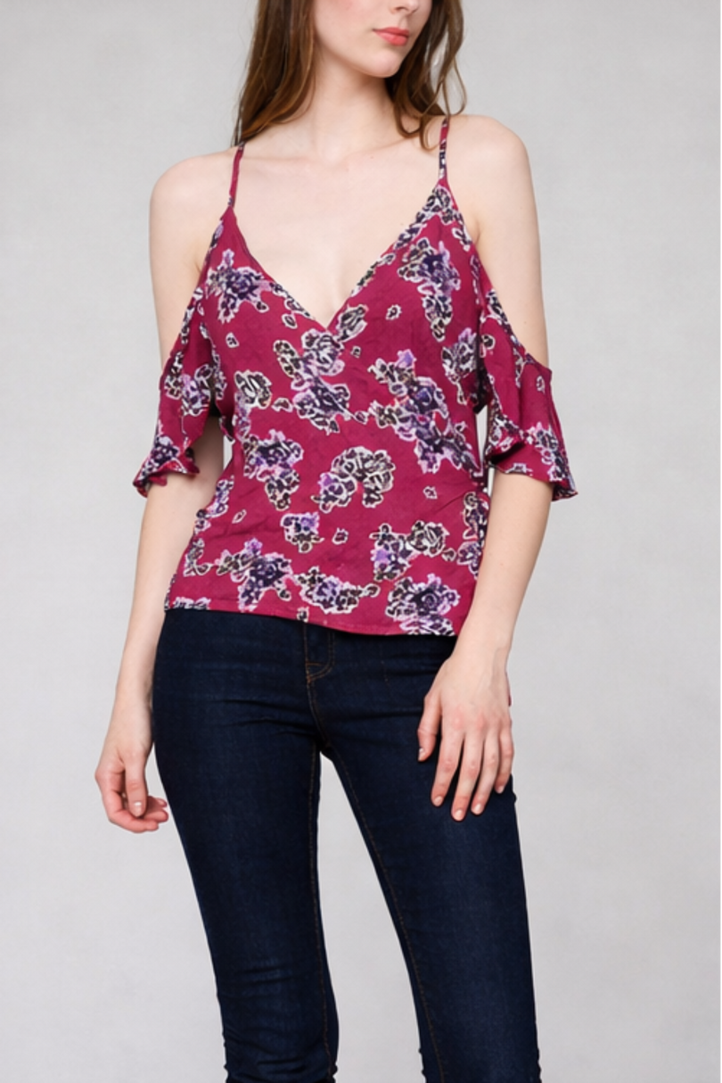 Sweet Bloom Wine Floral Print Cold Shoulder Top - Outfit View