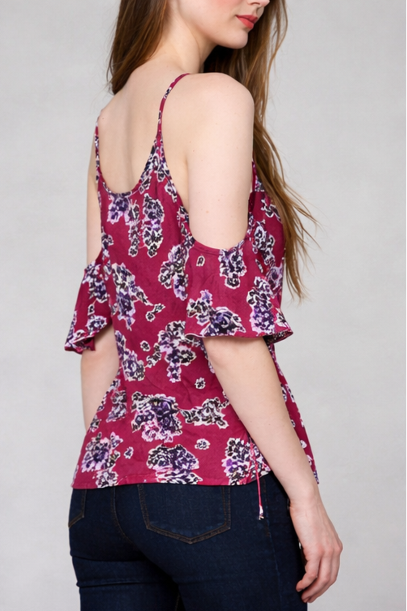 Sweet Bloom Wine Floral Print Cold Shoulder Top - Side View
