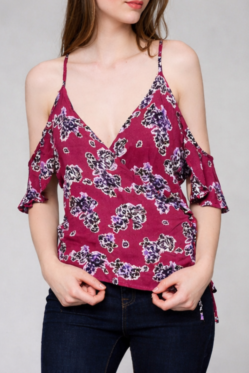 Sweet Bloom Wine Floral Print Cold Shoulder Top - Front View