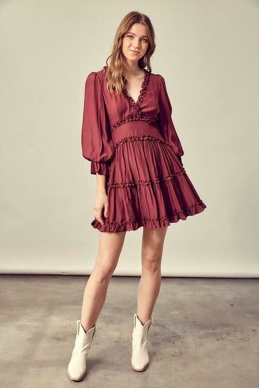 Burgundy  Long Puff Sleeve Mini Dress