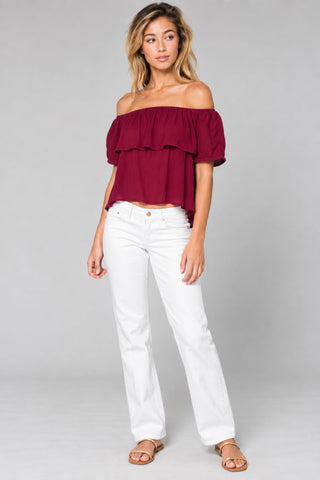 Without A Care Burgundy Ruffle Off-the-Shoulder Top - Outfit View
