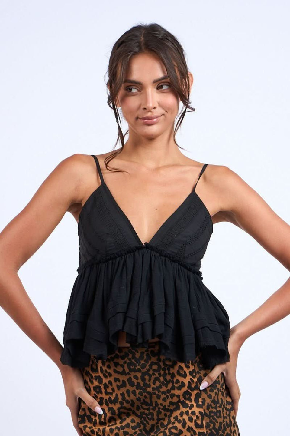 Black ruffle babydoll cami top with eyelet lace and V-neckline