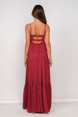 Burgundy satin evening maxi dress with strapless corset bodice