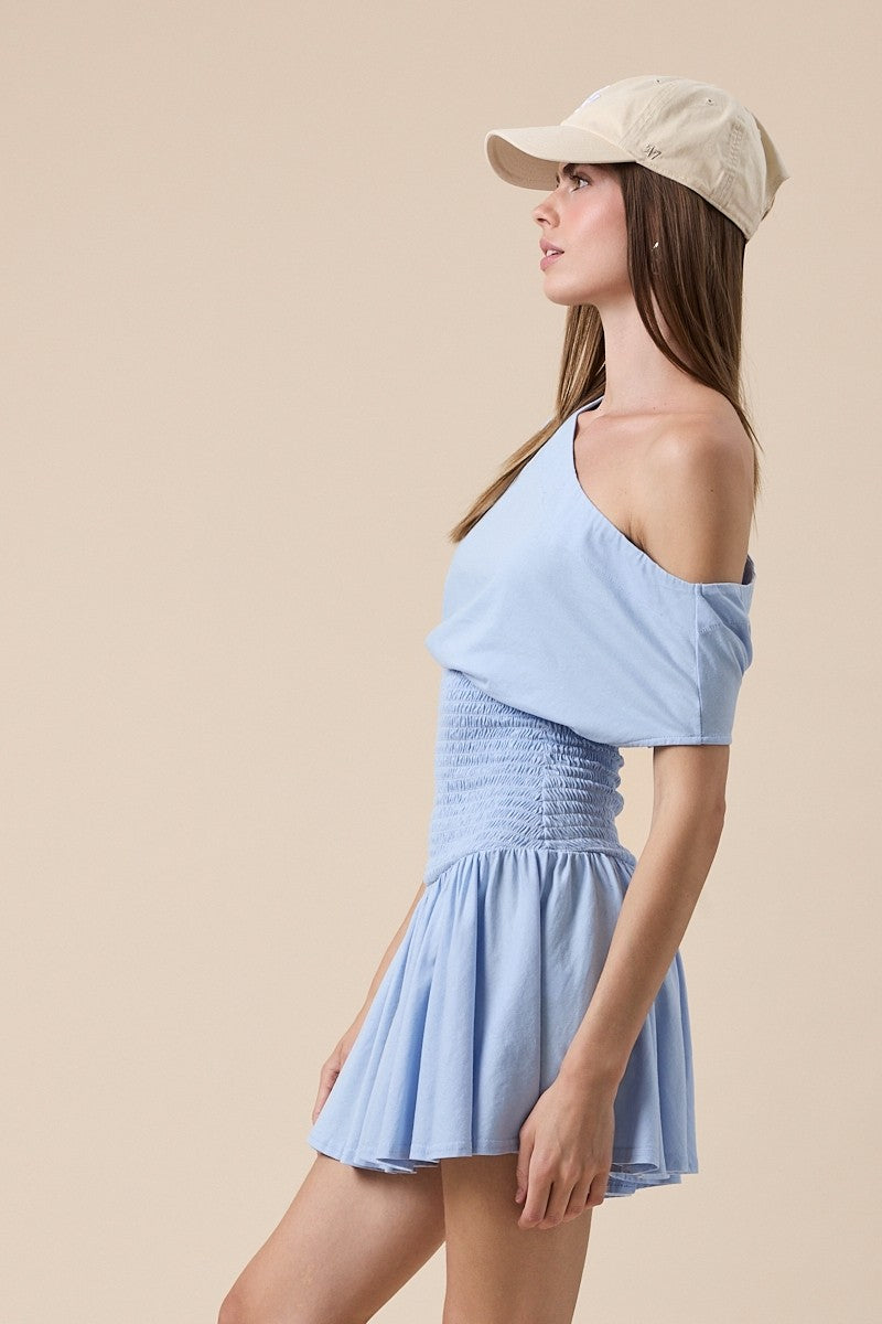 Women Light Blue Drop Waist Mini Dress