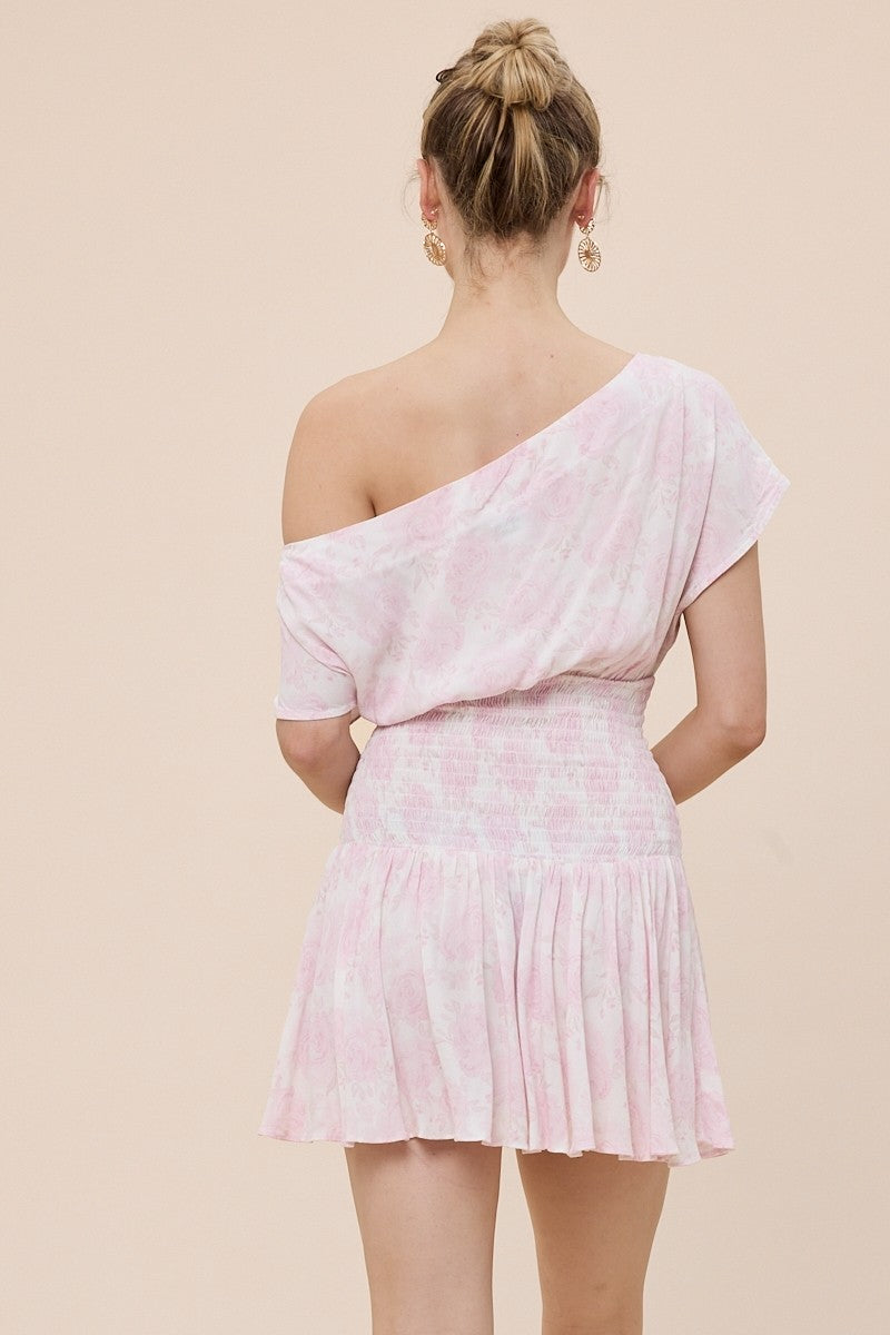 Women Light Pink Floral Drop Waist Mini Dress