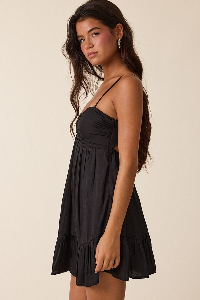 Mini Black Satin Babydoll Dress
