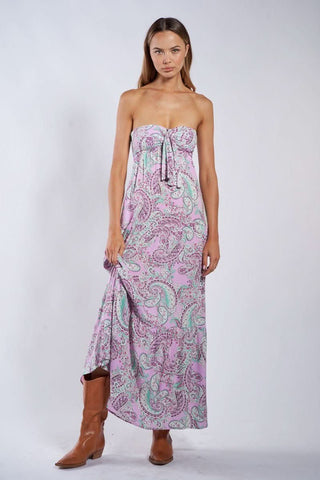 Selene Pink Paisley Floral Strapless Maxi Dress styled with cowgirl boots