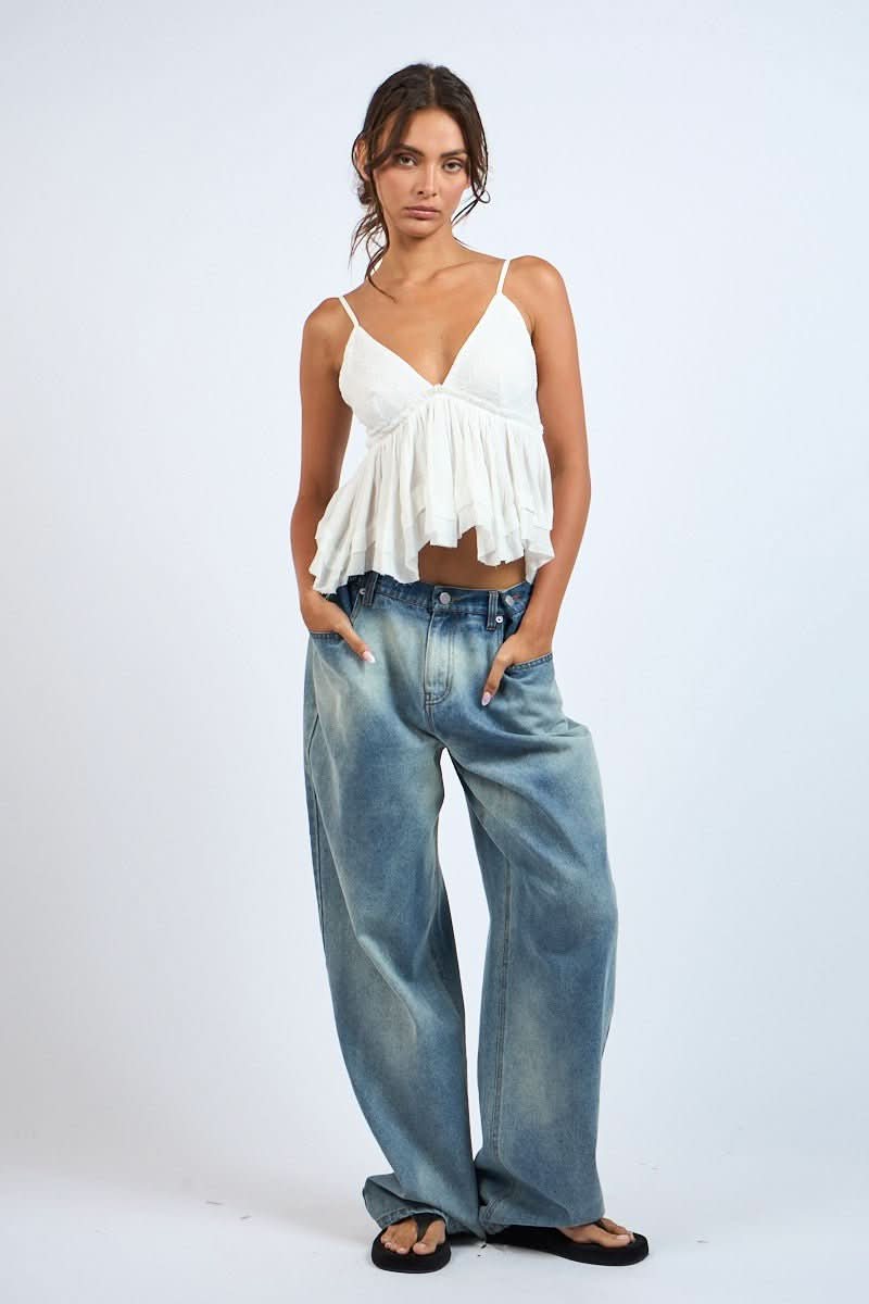 Lexi White Ruffle Babydoll Cami Top a white babydoll cami top