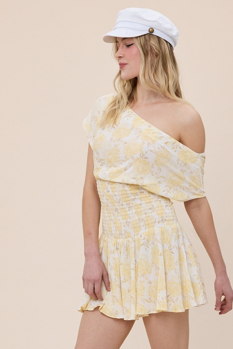 Yellow Floral Smocked Drop Waist Mini Dress | Boho Pink Yellow Floral Smocked Drop Waist Mini Dress | Boho Pink
