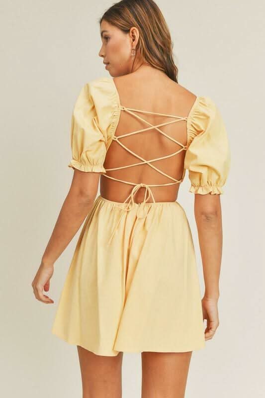 Mable Breaking Hearts Yellow Puff Sleeve Mini Dress - Size L - Sweetheart Neckline, Cutout Waist, Lace Up Back Mable Breaking Hearts Yellow Puff Sleeve Mini Dress - Size L - Sweetheart Neckline, Cutout Waist, Lace Up Back