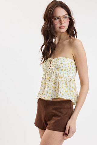 Side profile of a flowy yellow floral babydoll top showing the empire waist and flyaway hem
