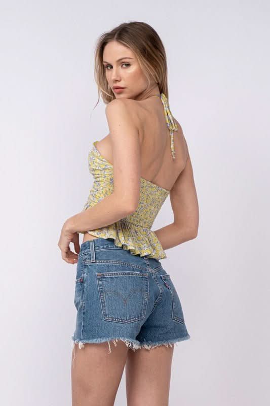 Yellow Floral Halter Crop Tops
