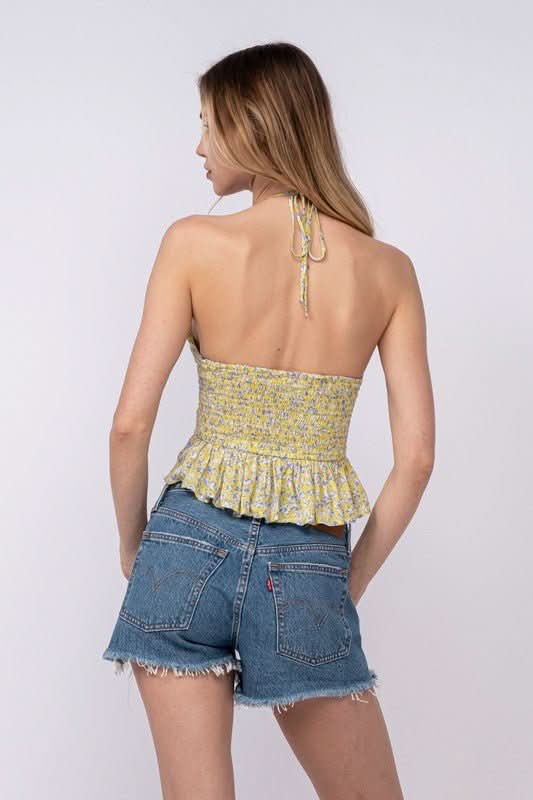 Yellow Floral Halter Ruffle Crop Top