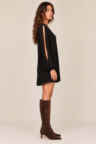 Black Long Sleeve Shift Dress and Boots Outfit