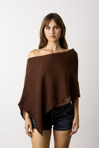 Zoya brown off-shoulder asymmetric knit poncho top 
